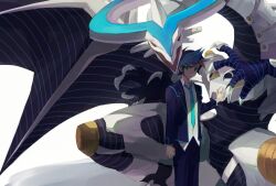 1boy arm_at_side armor black_hair black_pants blue_necktie clenched_hand colored_bangs dress_shirt drop_shadow duel_monster facing_another facing_to_the_side firewall_dragon fujiki_yusaku green_eyes hand_on_another&#039;s_chest highres horns kneeling looking_at_viewer loose_necktie male_focus mechanical_arms mechanical_hands mechanical_horns mechanical_legs mechanical_tail mechanical_wings neck_armor necktie non-humanoid_robot novale110 open_mouth pants red_eyes robot robot_dragon school_uniform shirt spiked_hair spread_legs squatting tail untucked_shirt white_armor white_background white_shirt wide_spread_legs wings yu-gi-oh! yu-gi-oh!_vrains