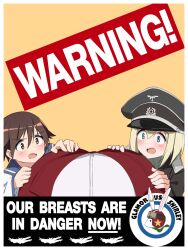 Rule 34 | 3girls, black headwear, blonde hair, blue eyes, blue sailor collar, breasts, brown eyes, brown hair, charlotte e. yeager, english text, epaulettes, erica hartmann, grabbing another&#039;s breast, groping, hat, highres, jacket, large breasts, looking at another, medium hair, military hat, military uniform, miyafuji yoshika, multiple girls, open mouth, parody, peaked cap, propaganda, red jacket, sailor collar, school uniform, serafuku, shirt, simple background, strike witches, tongue, white serafuku, white shirt, world witches series, yohijikon