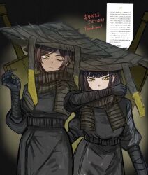 2girls bandaged_arm bandages black_dress black_hair bob_cut brown_scarf dark-skinned_female dark_skin dress earrings green_background hat heishou_pack-mao_branch_(identity)_(project_moon) highres jewelry latorta_il limbus_company looking_at_viewer multiple_girls one_eye_closed outis_(project_moon) project_moon rice_hat ryoshu_(project_moon) scarf short_hair simple_background standing thank_you upper_body yellow_eyes