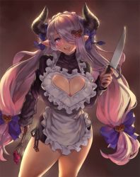 1girl apron batter black_sweater blue_eyes blush bow braid breasts cleavage cleavage_cutout clothing_cutout draph eu03 female_focus french_braid frills granblue_fantasy hair_bow hair_over_one_eye heart_cutout hip_focus horns huge_breasts knife light_purple_hair long_hair looking_at_viewer low_tied_hair narmaya_(granblue_fantasy) narmaya_(valentine)_(granblue_fantasy) open_mouth pointy_ears ribbed_sweater smile solo sweater thighs turtleneck turtleneck_sweater twintails whisk yandere