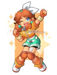 Rule 34 | 1girl, aqua shorts, bandaid, bandaid on leg, bike shorts, bike shorts under shorts, blue eyes, bow, brown hair, cropped jacket, crossed bandaids, earrings, fingerless gloves, flower earrings, gloves, headband, highres, jacket, jewelry, knee pads, layered clothes, mario (series), mario kart, mario kart world, nintendo, one eye closed, open mouth, orange gloves, orange jacket, orange socks, princess daisy, princess daisy (touring), sandragh, shirt, shoes, shorts, sneakers, socks, solo