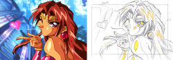 1990s_(style) 1girl bare_shoulders choujin_gakuen_gowcaizer comparison female_focus highres kiss layout one_eye_closed outdoors partially_colored retro_artstyle sakuga sky son_karin unfinished wink