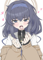 1girl absurdres blue_archive blue_hair blue_hairband blush brown_cardigan brown_halo cardigan commentary crossed_bangs cum cum_in_mouth cum_on_body cum_on_clothes cum_on_hands furrowed_brow hairband halo hands_up heart highres long_hair long_sleeves looking_at_viewer miaryayaya off_shoulder school_uniform serafuku sleeves_past_wrists solo tearing_up tongue tongue_out ui_(blue_archive) upper_body white_serafuku