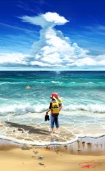 1boy backpack bag black_shirt capri_pants cloud commentary_request creatures_(company) day game_freak gen_1_pokemon hand_on_own_hip hat highres holding holding_footwear holding_unworn_clothes male_focus nintendo ocean on_shoulder outdoors pants pikachu pokemon pokemon_(creature) pokemon_frlg pokemon_on_shoulder red_(pokemon) rock sand seijun shirt shore signature sky standing staryu vest wading water yellow_bag