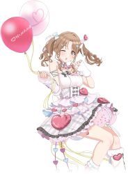 1girl asymmetrical_gloves balloon brown_eyes brown_hair dress english_text fingerless_gloves gloves heart holding ichikawa_hinana idol_clothes idolmaster idolmaster_shiny_colors idolmaster_shiny_colors_song_for_prism nail_polish official_art one_eye_closed open_mouth solo transparent_background twintails