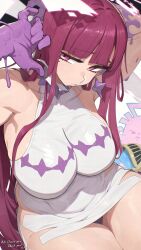 1girl bare_shoulders breasts character_request collarbone copyright_request dress earrings hata4564 highres jewelry large_breasts long_hair looking_at_viewer mole mole_under_eye pink_eyes purple_eyes red_hair sitting sleeveless sleeveless_dress solo_focus star_(symbol) star_earrings thank_you white_dress