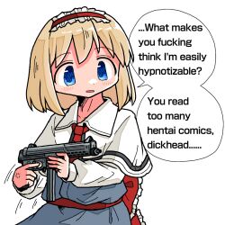 1girl alice_margatroid anger_vein blonde_hair blue_dress blue_eyes blush capelet commentary_request dress english_text frilled_hairband frills gun hairband holding holding_gun holding_weapon kasuya_baian lolita_hairband medium_hair open_mouth profanity red_hairband simple_background solo speech_bubble touhou weapon weapon_request white_background white_capelet