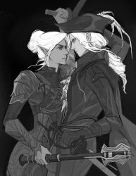 2girls absurdres baldur&#039;s_gate baldur&#039;s_gate_3 black_background bloodborne coat cowboy_shot crossover dark_elf dungeons_&amp;_dragons dungeons_&amp;_dragons elbow_gloves elf eye_contact gloves greyscale hair_bun hat hat_feather highres holding holding_mace holding_sword holding_weapon kanaewit lady_maria_of_the_astral_clocktower long_hair looking_at_another mace minthara monochrome multiple_girls pointy_ears simple_background single_hair_bun sword tricorne weapon