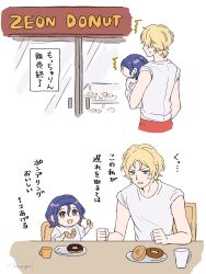 2boys aged_down blonde_hair blue_eyes blue_hair carrying chair char_aznable child child_carry cup donut food gundam gundam_gquuuuuux highres holding holding_food lamp_mugi male_focus multiple_boys on_chair open_mouth plate pon_de_ring ponytail red_eyes shirt short_hair shuji_ito sitting sweatdrop table white_shirt