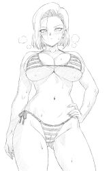 1girl android_18 blush breasts dragon_ball large_breasts looking_at_viewer sketch solo sweat swimsuit thick_thighs thighs