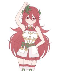 1girl armpits blush closed_mouth commentary cordelia_(fire_emblem) cordelia_(winter)_(fire_emblem) cowboy_shot dress english_commentary fire_emblem fire_emblem_awakening fire_emblem_heroes garter_straps hair_between_eyes hand_on_own_hip highres holding holding_mistletoe layered_dress long_hair looking_at_viewer meqqey mistletoe nintendo official_alternate_costume red_dress red_eyes red_hair sleeveless sleeveless_dress smile solo thighhighs very_long_hair white_background white_dress