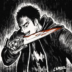 1boy blood blood_on_tongue bloody_knife coat commentary csmbtc dorohedoro english_commentary greyscale highres kai_(dorohedoro) knife licking licking_blade licking_weapon looking_at_viewer male_focus monochrome red_eyes short_hair sideburns solo spot_color tongue tongue_out weapon zipper_pull_tab