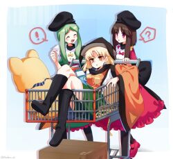 ! 3girls ? amadare_rak apron artist_name back_bow barcode black_boots black_bow black_hat black_socks blonde_hair blue_background boots border bow box breasts brown_hair closed_eyes commentary_request constellation_print crossed_legs detached_sleeves dress full_body green_dress green_hair green_skirt hand_up hat high_heels holding large_teddy_bear long_hair long_sleeves looking_at_another matara_okina medium_breasts milk_carton multiple_girls nishida_satono open_mouth orange_eyes orange_sleeves orange_tabard outside_border parted_bangs pink_bow pink_dress pink_shoes puffy_short_sleeves puffy_sleeves purple_eyes rope shadow shirt shoes shopping shopping_cart short_hair_with_long_locks short_sleeves simple_background sitting skirt smile socks speech_bubble spoken_exclamation_mark spoken_question_mark spoon tabard teireida_mai touhou walking white_apron white_border white_shirt wide_sleeves yellow_bow
