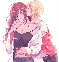 2girls amane_(7783) black_camisole black_shorts blonde_hair blue_eyes breasts camisole cleavage closed_eyes commentary_request ear_licking finger_in_another&#039;s_mouth hand_on_another&#039;s_stomach heart heart-shaped_pupils highres holding_another&#039;s_wrist ichinose_shiki idolmaster idolmaster_cinderella_girls jacket large_breasts licking long_hair long_sleeves miyamoto_frederica multiple_girls red_hair red_jacket shirt short_hair short_sleeves shorts simple_background sweat symbol-shaped_pupils white_background white_shirt yuri