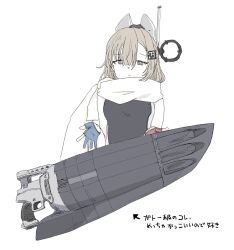 1girl blue_gloves breasts brown_eyes closed_mouth competition_swimsuit gloves halca_(technodrome) highres kantai_collection long_hair looking_at_viewer one-piece_swimsuit partially_fingerless_gloves red_gloves scarf simple_background small_breasts solo swimsuit torpedo_tubes two-tone_one-piece_swimsuit wahoo_(kancolle) white_background