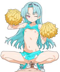 1boy 1girl blue_hair cheerleader cum cum_in_pussy expressionless flat_chest hetero highres long_hair looking_at_viewer matuo3232 miniskirt navel nipples one_eye_closed penis pink_eyes pom_pom_(cheerleading) rance_(series) sengoku_rance sex shinobu_(rance) shoes simple_background skirt sneakers solo_focus squatting_cowgirl_position textless_version vaginal white_background
