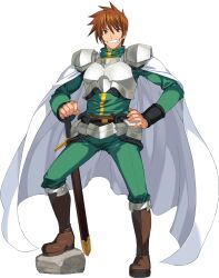 1boy armor breastplate brown_eyes brown_footwear brown_hair cape green_pants green_shirt grin hand_on_own_hip highres male_focus official_art onono_imoko pants pauldrons rance rance_(series) rance_03 rock shirt shoulder_armor smile solo white_cape
