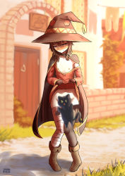 &gt;_&lt; 1girl :| arch artist_name bandaged_leg bandages bat_wings black_cape black_cat black_choker black_gloves black_hat black_thighhighs blurry blurry_background blush boots breasts brown_boots brown_hair building cape cat choker chomusuke closed_mouth clothes_lift clothes_pull commentary convenient_censoring door dress dress_lift dress_pull dusk embarrassed english_commentary exhibitionism female_focus fingerless_gloves flashing foliage full_body gloves grass groin hair_between_eyes half-closed_eyes hat head_tilt highres humiliation jumping knees_together_feet_apart kono_subarashii_sekai_ni_shukufuku_wo! lifting_own_clothes loli looking_away looking_down megumin midriff motion_blur motion_lines navel nipples no_bra no_panties nose_blush nyaxxy outdoors paid_reward_available path public_indecency public_nudity raised_eyebrows red_eyes road shadow short_hair short_hair_with_long_locks single_thighhigh small_breasts solo standing stone_wall sunset thighhighs turning_head wall wavy_mouth wings witch_hat yonic_symbol