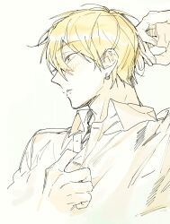 1boy adam&#039;s_apple arm_up blonde_hair collared_shirt commentary_request earrings jewelry kise_ryouta korean_commentary kuroko_no_basuke looking_ahead male_focus nowhere616 open_collar parted_bangs parted_lips piercing shirt short_hair simple_background sketch solo upper_body white_background wing_collar yellow_eyes