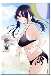 Rule 34 | 1boy, 1girl, ball, beach, beachball, bikini, black bikini, black shorts, blurry, blurry background, blush, boku no kokoro no yabai yatsu, breasts, brown eyes, closed mouth, commentary request, cowboy shot, day, foreshortening, full body, highres, ichikawa kyoutarou, kiyo ishida, large breasts, long hair, looking at viewer, mole, mole on neck, multiple moles, navel, official alternate costume, official alternate hairstyle, outdoors, sand, shirt, shorts, side-tie bikini bottom, sky, squatting, swimsuit, t-shirt, twintails, wet, white shirt, yamada anna