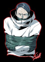 1boy black_background bound bound_arms commentary_request furrowed_brow gag gagged highres ichigo_beeru improvised_gag jacket korean_commentary long_sleeves looking_at_viewer male_focus mixed-language_commentary nervous_sweating outline red_outline short_hair signature simple_background solo sweat tape tape_gag tied_up_(nonsexual) toshi_densetsu_kaitai_center upper_body yamada_gasmask