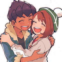 Rule 34 | 1boy, 1girl, :d, black hair, blush, brown hair, cardigan, closed eyes, creatures (company), dark skin, deigo (indigo2070), fur-trimmed jacket, fur trim, game freak, gloria (pokemon), grey cardigan, hat, hop (pokemon), hug, jacket, nintendo, open mouth, pokemon, shirt, short hair, simple background, smile, swept bangs, white background
