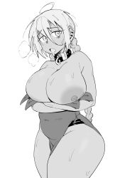 1girl ahoge arms_under_breasts belt blush braid braided_ponytail breasts breasts_out collar crossed_arms curvy dark_skin dress ear_piercing female_focus gs16_(chug) hair_between_eyes highres hook large_areolae large_breasts loincloth long_braid long_hair looking_at_viewer monochrome nipples open_mouth original panty_straps piercing plump solo sweat thick_thighs thighs white_background