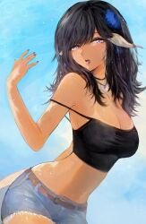 1girl :p au_ra bare_shoulders black_camisole black_hair blue_shorts breasts camisole cleavage dragon_girl dragon_horns dragon_tail final_fantasy final_fantasy_xiv flower hachi0047 hair_flower hair_ornament highres horns jewelry looking_at_viewer midriff navel necklace purple_nails scales shorts solo strap_slip tail tan tongue tongue_out warrior_of_light_(ff14)
