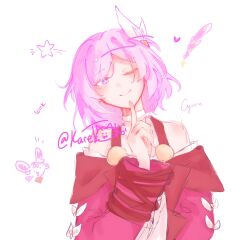 Rule 34 | 1girl, ;), blue eyes, choker, coat, cyrene (honkai: star rail), dress, finger to mouth, hair ornament, highres, honkai: star rail, honkai (series), karetokoi, looking at viewer, one eye closed, pink hair, purple coat, short hair, smile, solo, star (symbol), twitter username, upper body, white background, white choker, white dress