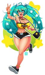 1girl absurdres anklet aqua_eyes aqua_hair armlet bag bare_shoulders belt bikini_tan black_shoes black_shorts blush bracelet breasts brown_belt choker cross cross_necklace ecuador hair_between_eyes hair_ornament hatsune_miku highres jewelry large_breasts long_hair midriff navel necklace open_mouth outline peterete red_choker red_nails ring running shoes short_shorts shorts shoulder_bag solo star_(symbol) star_hair_ornament strapless tan tanline tube_top twintails vocaloid white_outline worldwide_miku