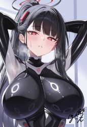 1girl absurdres arms_up black_bodysuit black_hair blue_archive blush bodysuit breasts bright_pupils commentary_request halo highres honyara-san huge_breasts long_hair looking_at_viewer official_alternate_costume parted_lips ponytail red_eyes rio_(blue_archive) rio_(bodysuit)_(blue_archive) signature solo upper_body white_pupils