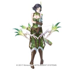 1girl arm_armor bare_shoulders black_hair blue_eyes boots bow_(weapon) breasts brown_boots brown_gloves cleavage_cutout closed_mouth clothing_cutout commentary_request copyright_notice fire_emblem fire_emblem_heroes full_body gloves green_pants green_shirt holding holding_bow_(weapon) holding_weapon kyusoukyu large_breasts looking_at_viewer nintendo noire_(fire_emblem) official_art pants shirt short_hair simple_background sleeveless sleeveless_shirt solo standing weapon white_background
