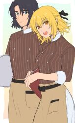 Rule 34 | 1boy, 1girl, apron, athrun zala, blonde hair, blue hair, border, cagalli yula athha, cowboy shot, gradient background, green background, green eyes, gundam, gundam seed, hair ribbon, half updo, kimi88407604, long sleeves, looking at viewer, open mouth, ribbon, shirt, short hair, simple background, smile, waist apron, waiter, waitress, white border, yellow background, yellow eyes