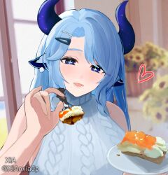1girl animal_ears artist_name blue_eyes blue_hair blue_horns cow_ears cow_girl cow_horns flower hair_ornament hairclip heart highres holding holding_plate horns indie_virtual_youtuber miilkywayz mole mole_under_eye mole_under_mouth multiple_moles plate sleeveless sleeveless_sweater solo sweater symbol-shaped_pupils twitter_username upper_body virtual_youtuber white_sweater xia_(abrixia) yellow_flower