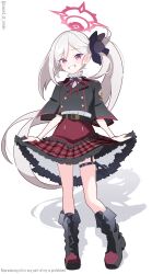 1girl absurdres belt black_belt black_boots black_jacket blue_archive boots buttons commentary_request double-breasted frilled_skirt frills full_body halo high-waist_skirt highres jacket long_hair looking_at_viewer murasame_(sword_of_nmkr) mutsuki_(blue_archive) open_mouth partial_commentary pointy_ears purple_eyes red_halo red_ribbon red_skirt ribbon shadow shirt side_ponytail simple_background skirt solo standing teeth thigh_strap twitter_username white_hair white_shirt