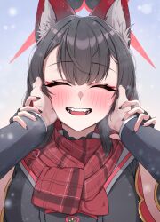 1girl absurdres animal_ear_fluff animal_ears black_gloves black_hair black_halo black_nails blue_archive blush breasts center-flap_bangs closed_eyes colored_inner_hair commentary eyeshadow facing_viewer fangs fingerless_gloves fox_ears fox_girl gloves gyu_chul halo hands_on_another&#039;s_face happy highres large_breasts long_hair long_sleeves makeup multicolored_hair nail_polish open_mouth plaid_clothes plaid_scarf pov red_eyeshadow red_hair red_halo red_scarf scarf smile solo_focus teeth upper_body wakamo_(blue_archive)