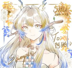 Rule 34 | 1girl, arknights, bare shoulders, blonde hair, blue hair, character name, chinese commentary, closed mouth, commentary request, dated, dragon girl, dragon horns, earrings, flower, green eyes, grey hair, hair intakes, horns, jewelry, long hair, multicolored hair, necklace, off shoulder, pointy ears, portrait, rose, sample watermark, shu (arknights), smile, solo, watermark, white flower, white rose, yangganju cha