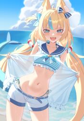 Rule 34 | 1girl, :3, :d, absurdres, ahoge, animal ear fluff, animal ears, bikini, bikini under clothes, bikini under shorts, blonde hair, blue bikini, blue eyes, blue hair, blue sailor collar, blue sky, cat ears, commentary, cowboy shot, day, english commentary, fangs, fins, fish girl, fish tail, frilled bikini, frilled shirt collar, frills, halterneck, highleg, highleg bikini, highres, indie virtual youtuber, lifebuoy hair ornament, long hair, looking at viewer, low twintails, multicolored hair, navel, ocean, open clothes, open mouth, open shirt, outdoors, sailor collar, sameko saba, shirt, short shorts, shorts, side-tie bikini bottom, sky, sleeveless, sleeveless shirt, smile, solo, stomach, streaked hair, swimsuit, tail, twintails, very long hair, virtual youtuber, white shirt, yubbiidraw