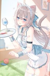 Rule 34 | 1girl, animal ear fluff, animal ears, armlet, bandaid, bandaid on arm, bandaid on leg, bare shoulders, blue eyes, blush, breasts, cat ears, cat girl, cat tail, cup, dress, glass, grey hair, hair between eyes, hair ornament, headdress, highres, holding, holding tray, jewelry, long hair, looking at viewer, maid, maid headdress, original, riri (ri0177), short dress, solo, sweat, sweatdrop, tail, thighhighs, tongue, tongue out, tray, white dress, white thighhighs, wrist cuffs