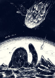 artist_name atmospheric_reentry bubble commentary_request fist_shaking hocotate_freight_steam_ship monochrome motion_lines nintendo no_humans ocean partially_submerged pikmin_(series) shooting_star smoke spacecraft two-tone_background usuba_(hatomugip) waterwraith waves
