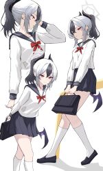1girl absurdres alternate_costume black_hair black_sailor_collar black_shoes black_skirt blue_archive blush bow closed_mouth demon_girl demon_horns demon_wings hair_between_eyes highres hikkio horns kayoko_(blue_archive) kneehighs long_hair multicolored_hair ponytail red_bow red_eyes revision sailor_collar school_uniform shirt shoes sidelocks single_wing skirt smile socks solo two-tone_hair white_hair white_shirt white_socks wings