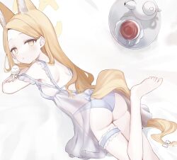1girl animal_ear_fluff animal_ears ao_(mintz) ass bird blonde_hair blue_archive blush cross_halo cup ear_wreath extra_ears forehead fox_ears fox_girl fox_tail gradient_eyes halo highres loli long_hair looking_at_viewer looking_back lying multicolored_eyes on_back on_stomach panties saucer see-through_clothes seia_(blue_archive) solo tail tea teacup tit_(bird) underwear very_long_hair white_bird yellow_eyes yellow_halo
