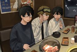 Rule 34 | 3boys, :d, :t, black hair, booth seating, brown hair, collared shirt, cup, drink, drinking glass, food, glasses, goggles, goggles on head, highres, long sleeves, male focus, meat, multiple boys, necktie, nekono 09, open mouth, original, restaurant, sanpaku, semi-rimless eyewear, shirt, short hair, smile, tongs, v, white shirt, window, yakiniku