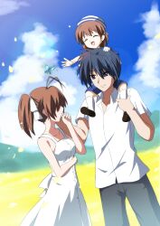 1boy 2girls absurdres antenna_hair black_pants blue_dress blue_eyes blue_hair blue_sky brown_hair bug butterfly carrying child clannad closed_eyes cloud commentary_request dress family father_and_daughter field flower flower_field furukawa_nagisa hair_over_eyes hand_on_own_chin hat highres husband_and_wife insect leg_grab mother_and_daughter multiple_girls okazaki_tomoya okazaki_ushio open_mouth pants petals reaching scarletowen shirt shoes shoulder_carry sky smile socks white_dress white_hat white_shirt white_socks
