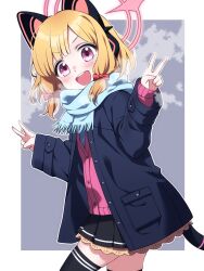 1girl :d alternate_costume animal_ear_headphones animal_ears aqua_scarf black_skirt black_tail black_thighhighs blonde_hair blue_archive blue_jacket blue_necktie blunt_bangs blush border bow buta_(dhakaoat) buttons cardigan cat_ear_headphones cat_ears cat_tail cowboy_shot double_v fake_animal_ears fake_tail frilled_jacket frilled_skirt frills fringe_trim from_side grey_background hair_bow halo hands_up head_tilt headphones highres jacket layered_sleeves long_sleeves looking_at_viewer low-tied_sidelocks miniskirt momoi_(blue_archive) necktie open_clothes open_jacket open_mouth outline outside_border parted_bangs partially_unbuttoned pink_cardigan pink_eyes pink_halo pleated_skirt pocket red_bow scarf short_hair sidelocks simple_background skirt smile solo tail tareme teeth thighhighs turning_head unbuttoned upper_teeth_only v v-shaped_eyebrows white_border white_outline winter_clothes zettai_ryouiki