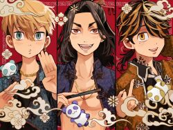 3boys baji_keisuke black_hair black_shirt blonde_hair blue_eyes blue_jacket brown_jacket chain chain_necklace chinese_clothes collared_shirt earrings hair_over_one_eye hand_fan hand_up hands_up hanemiya_kazutora holding holding_fan jacket jewelry long_hair long_sleeves looking_at_viewer male_focus matsuno_chifuyu middle_finger mole mole_under_eye multicolored_hair multiple_boys neck_tattoo necklace open_clothes open_jacket open_mouth ponytail red_background red_eyes shirt short_hair single_earring smile tattoo tokyo_revengers tonshi two-tone_hair undercut upper_body yellow_eyes