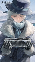 1girl absurdres black_coat black_gloves black_hat blue_scarf blue_sky boater_hat coat copyright_name copyright_notice day facing_viewer fur-trimmed_coat fur_trim gloves grey_hair hair_bun hands_up hat highres holding logo looking_at_object looking_down mountain official_alternate_costume official_art official_wallpaper outdoors reverse:1999 scarf short_hair single_side_bun sky snow snowing solo upper_body vertin_(reverse:1999)