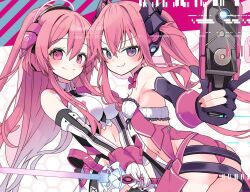 anoko_san ass bare_shoulders bemani breasts character_request copyright_request elbow_gloves gloves headset large_breasts looking_at_viewer looking_back navel pink_eyes pink_hair sound_voltex thighs twintails
