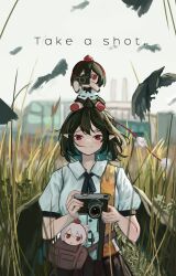 1girl absurdres animal_ears bird_wings black_hair black_wings camera fumo_(doll) geta hat hauchiwa highres holding holding_camera inubashiri_momiji leaf_print looking_at_viewer neck_ribbon open_mouth pointy_ears pom_pom_(clothes) red_eyes red_hat ribbon shameimaru_aya shirt short_hair short_sleeves smile solo tengu-geta tokin_hat touhou vanilla_flan white_hair white_shirt wings wolf_ears