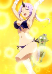 1girl absurdres bikini bouncing_breasts breasts gobta_(tensura) highres horn ponytail purple_eyes purple_hair shion_(tensura) swimsuit tagme tensei_shitara_slime_datta_ken